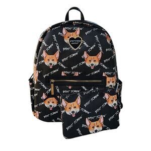 Betsey Johnson Corgi Dog Print Faux Leather Large Backpack Pouch Set